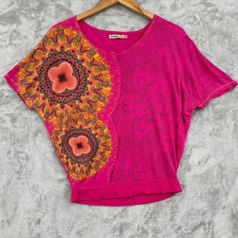 Desigual Junior's 11/12 Pink Art to Wear Floral Short Sleeve Jersey Blouse Tee